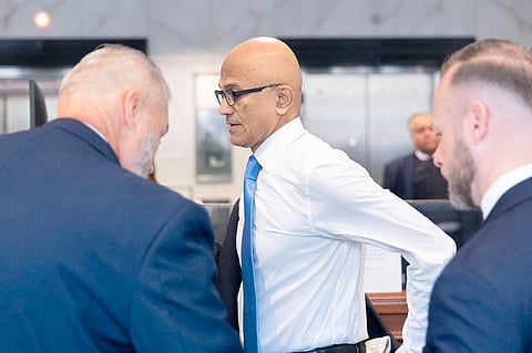 MICROSOFT CEO Satya Nadella arrives to court at the Ronald V. Dellums Federal Building. Elon Musk is suing OpenAI and its CEO, Sam Altman, after Musk invested in the tech firm, believing it would be a nonprofit, but was allegedly deceived after OpenAI was turned into a for-profit company.