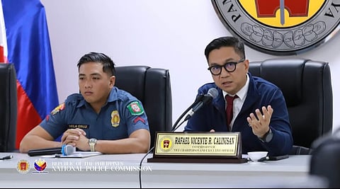 Atty. Rafael Vicente R. Calinisan, NAPOLCOM Vice Chairperson and Executive Officer (R), speaks during Wednesday’s press conference regarding the case of Police Corporal Jerome Dela Cruz, who went viral after assaulting his live-in partner last May 10.