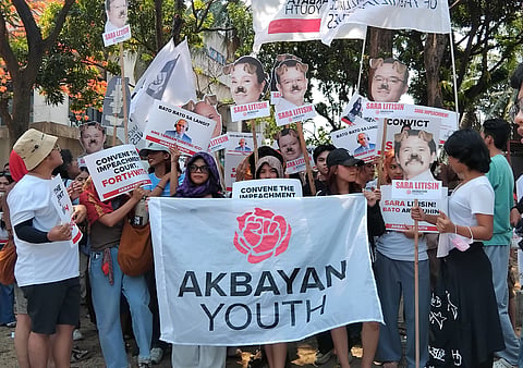 Akbayan Youth along with other various progressive groups marches from Manila Film Center to the Senate building to call for truth and accountability against VP Sara Duterte and Sen. Bato Dela Rosa