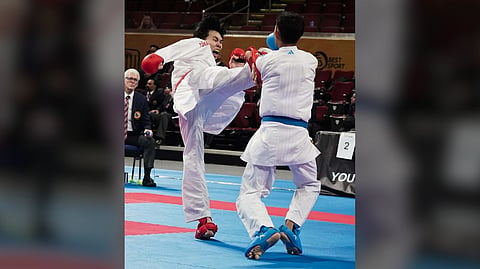 ZIAN Alexander Sing of the Philippines fails to make a dent in the junior kumite 61 kg of the Karate One Youth League on Friday at the Mall of Asia Arena.