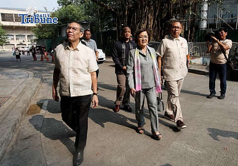 (May 15 2026) Akbayan Representatives Chel Diokno and Perci Cendaña, and ML party-list Rep. Leila de Lima arrived at the Office of the City Prosecutor in Quezon City on Friday May 15 2026 for the preliminary investigation regarding the criminal charges filed, Atty. Mans Carpio VP Sara Duterte husband, against the Bangko Sentral ng Pilipinas and the Anti-Money Laundering Council over the alleged illegal disclosure of his bank records during the House of Representatives Committee on Justice investigation into the impeachment complaint against Vice President Sara Duterte. Photo/Analy Labor