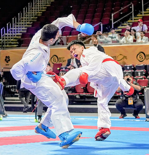 CARL Caruana of the Philippines falls short in attempting to medal in the junior kumite 76 kg event of the Karate One Youth League at the Mall of Asia Arena. 
