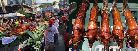 THE LECHON CAPITAL: Quezon City’s First District celebrated La Loma Lechon Festival 2026 on Sunday, 17 May with lechon parade from Calavite to Don Manuel Agregado Street. Meanwhile, Mang Tomas Lechon Haus, one of the 14 lechon houses in the district, displayed five lechons in front of their stall. (PHOTOGRAPHED by Sean Magbanua for the Daily Tribune).