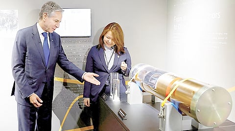 PLUGGED in Then-US Secretary of State Antony Blinken examines a mock submarine cable during a tour of NEC’s Future Creation Hub in Tokyo. The visit was meant to boost the shared US-Japan commitment to secure trusted undersea infrastructure in the Pacific.
