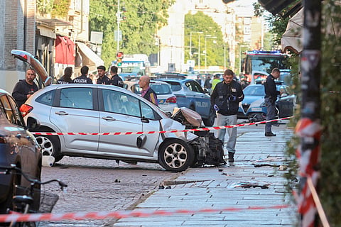 POLICE work the scene after several people were injured when a car drove into pedestrians in the center of the northern Italian city of Modena, Italy, 16 May 2026.