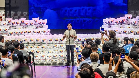 PRESIDENT Ferdinand R. Marcos Jr. leads the ‘Bawat Bayan Makikinabang: Makati City’ program at the Makati Coliseum on Monday. During the event, he receives barangay development equipment funded through the Socio-Civic Projects Fund, meets with Bagong Pilipinas barangay scholars, and witnesses the rollout of the Bagong Pilipinas Rice Program under the Local Government Support Fund.