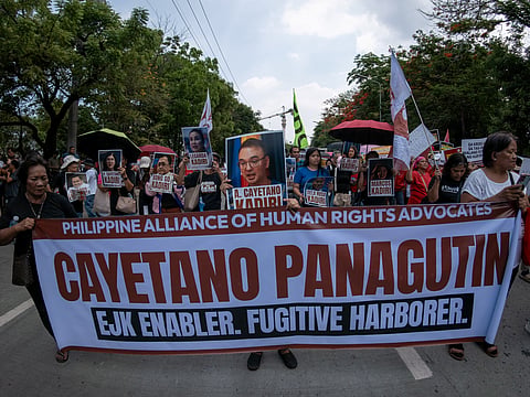 Human rights advocates march toward the Philippine Senate in Pasay City on 18 May 2026, as the chamber prepares to convene as an impeachment court against Vice President Sara Duterte. The protesters are demanding accountability for the escape of International Criminal Court fugitive Senator Ronald "Bato" Dela Rosa, who slipped away while under the Senate's protective custody.