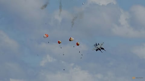 Aircraft collision at air show downs two fighter jets