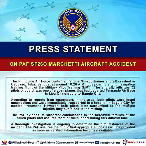 PAF confirms death of two pilots in plane crash in Benguet 