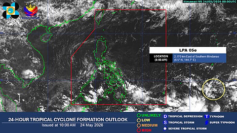 Current 24-Hour Tropical Cyclone Formation Outlook issued by PAGASA on 10:00 A.M. today, 24 May 2026. The low pressure area monitored inside Philippine Area of Responsibility, labeled LPA 05d, has completely dissipated while another system outside PAR maintains a "low" likelihood of intensifying into a tropical cyclone. However, the trough of this LPA is expected to bring rains in the southern regions of the country, particularly in Mindanao and other neighboring provinces.  
