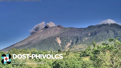 Screenshot from sped-up camera footage showing ash emission from the summit crater of Kanlaon Volcano at 6:59 a.m. on 24 May 2026. (Courtesy to PHIVOLCS–Kanlaon Volcano Observatory)