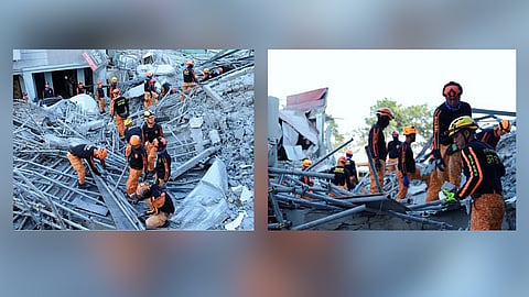 Rescue teams from BFP carefully navigate twisted steel and debris at the collapsed building site, working round-the-clock to locate survivors amid unstable rubble.