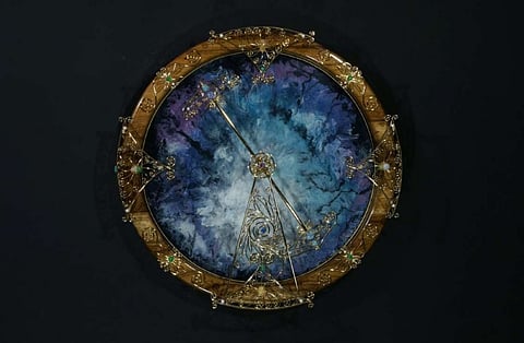 FENESTRA ‘Procella Nubila’ 2022, Reimagined Aurichalcum with Sapphire, Gold Rutile, Amethyst, Aquamarine, Green Jade, Agate and Pearls on hand-poured resin in solid Acacia frame, 72 x 72 cm.