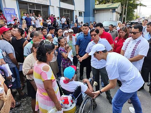President Ferdinand Marcos Jr. visited Binondo fire victims on Monday morning, 25 May at Leonardo B. Fugoso Sports Complex with (from left to right) DSWD Secretary Rex Gatchalian, Manila Mayor Francisco "Isko Moreno" Domagoso and Manila Third District Representative Joel Chua. (PHOTO FROM DSWD-NCR)  