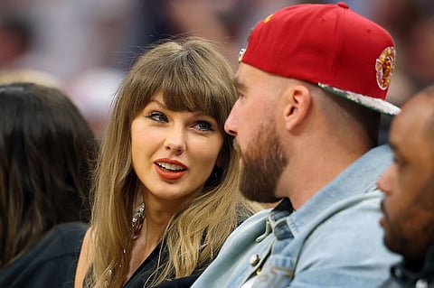 Singer Taylor Swift and Travis Kelce of the Kansas City Chiefs attend Game Three between the New York Knicks and the Cleveland Cavaliers in the NBA Eastern Conference Finals at Rocket Arena on 23 May, 2026 in Cleveland, Ohio.