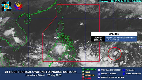 24-Hour Tropical Cyclone Formation Outlook issued by PAGASA at 4 a.m., 26 May 2026. LPA 05e has now been elevated to "HIGH" likelihood of intensifying to a tropical depression within the next 24-48 hours, PAGASA reported Tuesday morning.