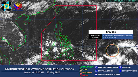 24-hour Tropical Cyclone Formation Outlook issued by PAGASA on 10 A.M., 25 May 2026. 

LPA 05e, monitored outside the Philippine Area of Responsibility, was elevated into "MEDIUM" likelihood of becoming a tropical cyclone as is to possibly intensify into a tropical depression by Tuesday or Wednesday. It is expected to enter PAR by the end of the week, and will be given the name "Domeng" as it enters Philippine waters. 