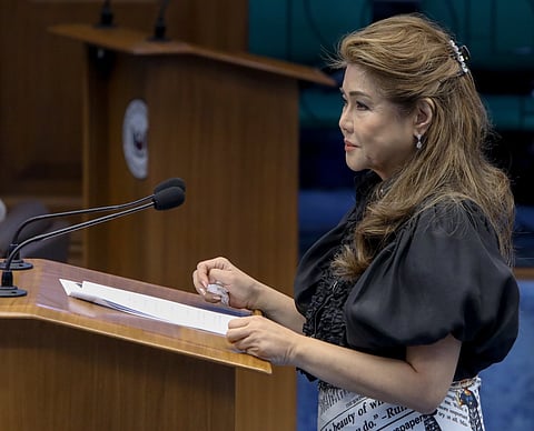 Senator Imee Marcos during her privilege speech at the Senate plenary session on Tuesday, 26 May, where she presented a video alleging that there was a Charter Change plot to extend the terms of President Ferdinand Marcos Jr. and congressmen until 2031.