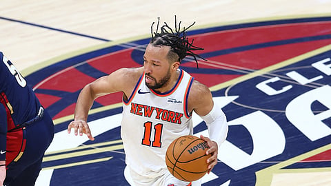 Jalen Brunson #11 of the New York Knicks handles the ball during the game against the Cleveland Cavaliers during Game Four of the 2026 NBA Eastern Conference Finals on May 25, 2026 at Rocket Arena in Cleveland, Ohio. 