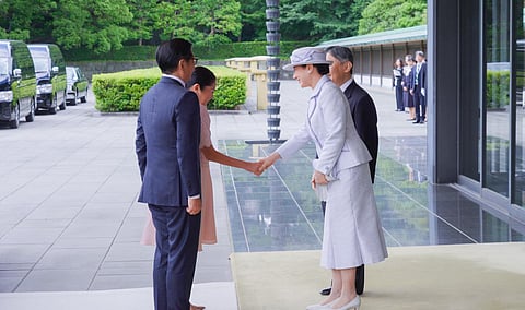 PRESIDENT Ferdinand Marcos and First Lady Liza Araneta-Marcos are greeted by Emperor Naruhito and Empress Masako at the Imperial Palace on Wednesday.