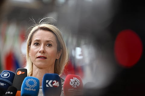 EU High Representative and Vice-President for Foreign Affairs and Security Policy Kaja Kallas makes a statement as she arrives for a Foreign Affairs Council of Defence in Brussels on May 12, 2026.