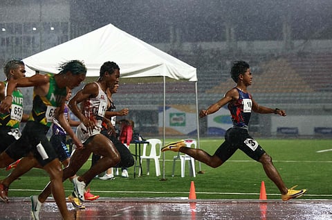 MARC Eddie Marcos of Mimaropa displays his sprinting prowess to rule the secondary boys’ 100m run during the Palarong Pambansa late Wednesday.
