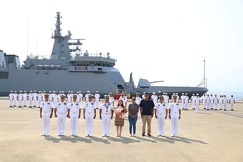 A photo opportunity during the Christening Ceremony of BRP Rajah Lakandula (PS21)  held at Quay 7, Naval Operating Base-Subic, Zambales on May 26, 2026. (From left to right: Captain Angelito M Diaz PN(GSC) Commander of Submarine Group; Commodore Julius E Valdez PN, Deputy Commander NETC; Commodore Lorenzo H Bolor Jr PN, Chief of Fleet Staff; Commodore Raul A Regis PN, OCF Commander; Rear Admiral Joe Anthony C Orbe PN, PF Commander; Mrs. Ma Celeste A Orbe, wife of PF Commander and Vessel's Sponsor; Mrs. Maida B Bruce, wife of Atty Bruce; Atty. Roberto M. Bruce Jr., son of former Commanding Officer, ex-BRP Rajah Lakandula (PF4) and a PMA Cavalier Awardee 1983, Captain Roberto H Bruce PN(GSC)(Ret); Captain Steve C Morata PN(GSC), FTDC Superintendent; and Lieutenant Commander Aldwin R Pasicolan PN, Acting Commander, USVU).