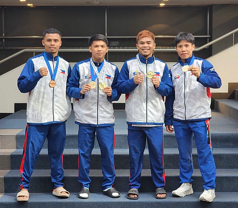 PAUL Julyfer Bascon, Clark Vicera, Carlo Paalam and Riza Pasuit display their medals that they won in the 63rd Belgrade Winner Elite Men’s and Women’s Boxing Tournament in Serbia and the Eindhoven Box Cup in the Netherlands recently.
