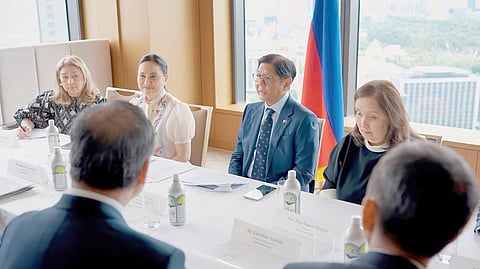 POSITIVE meeting President Ferdinand Marcos Jr. (third from left) was joined by (from left) Philippine Ambassador to Japan Mylene Garcia Albano, Trade Secretary Cristina Roque and Tourism Secretary Dita Angara-Mathay, in meeting officials of MinebeaMitsumi Inc. last week in Tokyo. The Philippines secured P25 billion worth of investments, as the Japanese firm mulls to expand operations for semiconductors, battery protection modules for hyperscale data centers, and advanced precision manufacturing projects across Cebu, Batangas and Bataan. 
