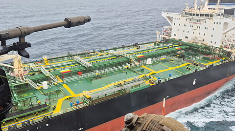 FRENCH Navy personnel approach an oil tanker, subject to international sanctions and sailing from Russia, in the Atlantic Ocean, in this handout obtained by Reuters on 1 June 2026.
