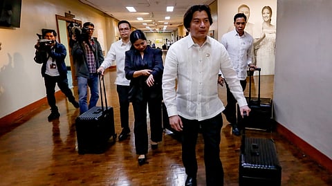 PACKED defense Vice President Sara Duterte’s counsel, Michael Poa, arrives at the Senate with five suitcases containing her formal reply to the Articles of Impeachment.