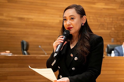 Eileen Wang speaks in Arcadia, California, U.S., in this handout image released on April 16, 2025. Wang, who assumed the position of Mayor of Arcadia in February 2026, resigned from both her office and Arcadia's city council on May 11, 2026 following a federal charge of acting as a foreign agent of China.