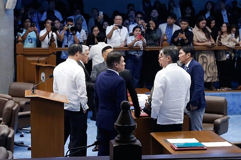 Senators from the Minority block are seen to attend the Senate Session at the Plenary Hall on Tuesday, 2 June, 2026 in Pasay City. For the second day, no members from the Majority block, and presiding officer are seen to attend the session. 

Senator Kiko Pangilinan, in an ambush interview, said that the Majority Bloc will not attend the Session in Pasay City today, in a message relayed to him.

The members of the minority bloc on the other hand have vacated the Session Hall to proceed with a caucus.| Aram Lascano
