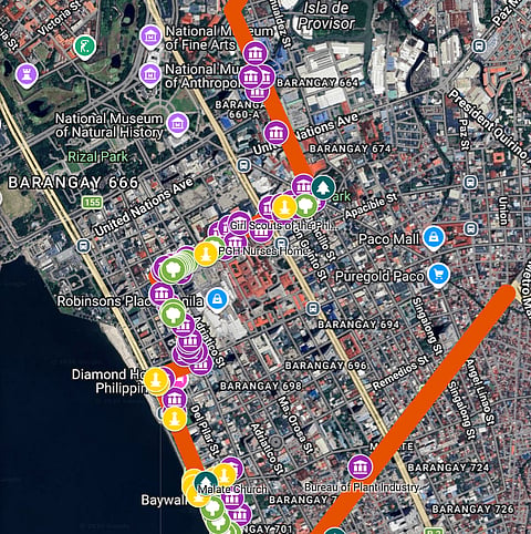 A screenshot of cultural and natural heritage sites marked along the proposed SALEX project in Manileños for Heritage's mapping in Google My Maps.