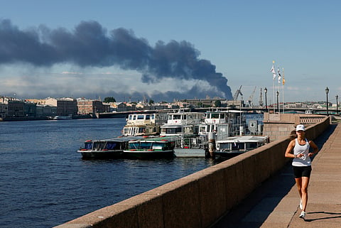 HEAVY smoke billows after Ukrainian drones hit infrastructure, according to local authorities, in Saint Petersburg, Russia on 3 June 2026.