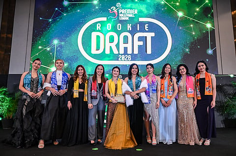 Lams Lamina (sixth from left) banners the 11-player batch of successful draftees in the 2026 PVL Rookie Draft.