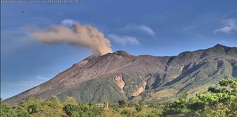 A SPED-UP camera view captures Kanlaon Volcano’s ash emission at 5:53 a.m. on 6 June 2026. The event generated grayish plumes that rose 800 meters above the summit crater before drifting southwest. Alert Level 2 remains in effect over the volcano.