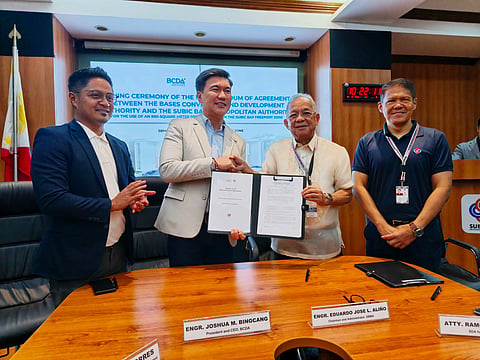 SBMA Chairman and Administrator Eduardo Jose L. Aliño (2nd from right) and BCDA President/ CEO Joshua M. Bingcang (2nd from left) together with witnesses SBMA Senior Deputy Administrator for Support Services Atty. Ramon O. Agregado and BCDA Senior Vice President for Conversion and Development Group Engr. Mark P. Torres show the Memorandum of Agreement (MOA) signed on June 3, 2026, for the use of an 800-sq.m. lot as part of the Luzon Economic Corridor (LEC) initiatives.  