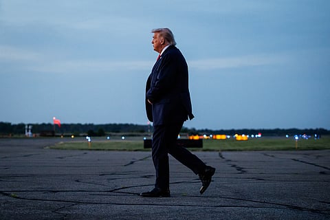 MORRISTOWN, NEW JERSEY - JUNE 5: U.S. President Donald Trump walks over to Marine One after landing at Morristown Airport in Air Force One on June 5, 2026 in Morristown, New Jersey. President Trump is spending the weekend at Trump National Golf Club Bedminster after holding an event at Custer Farms in Chippewa Falls, Wisconsin. 
