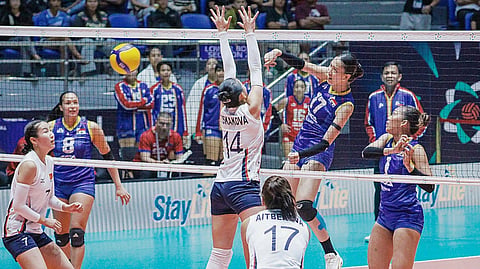 THEA Gagate towers in Alas Pilipinas' 25-9, 25-11, 25-17, smashing of Kyrgyzstan in Pool A of the 2026 AVC Women’s Volleyball Cup on Monday.