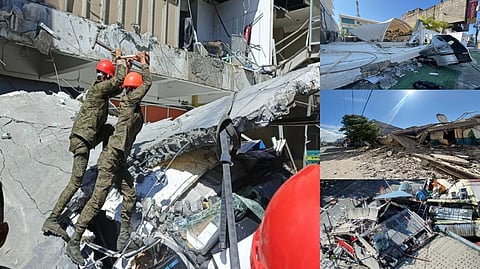 PEOPLE power In the wake of a 7.8-magnitude quake that hit Mindanao and toppled buildings and homes (left photos), response came immediately from various sectors, including the 10th Infantry (Agila) Division that immediately mobilized its Humanitarian Assistance and Disaster Response units (above).
