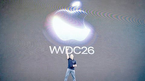 LAST hurrah! Apple CEO Tim Cook gestures the peace sign during his final Apple Worldwide Developers Conference at Apple Park.