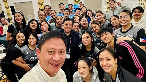 PHILIPPINE Sports Commission chairman Patrick Gregorio takes a selfie with the members of the women’s volleyball squad that is competing in the AVC Women’s Cup during a ceremonial dinner in Candon City.