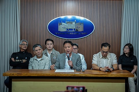 PSC chairman Patrick ‘Pato’ Gregorio (center) spearheads the multi-stakeholders panel that plotted ways on how to prevent incidents like what happened to Ateneo cagers Rene Clert Baterbonia and Divine Adili from happening again. Also shown are (from left) PSC commissioner Fritz Gaston, UAAP executive director Atty. Rebo Saguisag, NYC chairman Jeff Ortega, Atty. Ruel Capanzana, DepEd Undersecretary Malcolm Garma and ChEd representatives Anna Yango.