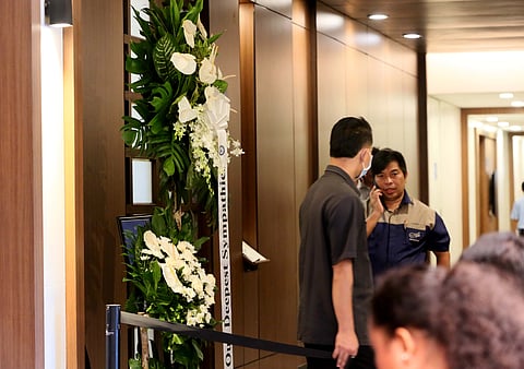 Flowers are placed outside the wake room of Ateneo student-athlete Rene Baterbonia at Arlington Memorial Chapels in Quezon City on Wednesday, 10 June 2026, as family, friends, and supporters pay their respects. | 📷 Analy Labor