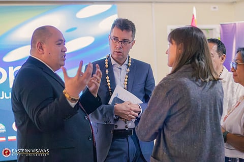 EVSU President Dr. Dennis De Paz engages in a discussion with European Union ambassador to the Philippines His Excellency Massimo Santoro and Ireland Ambassador Her Excellency Emma Hickey at the opening of the 29th Cine Europa in Tacloban.