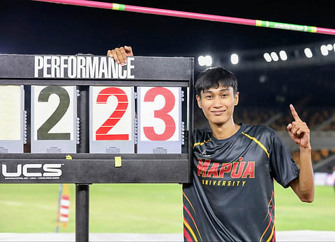 LEONARD Grospe celebrates after shattering the national record with a 2.23-meter mark in the men’s high jump event of the ICTSI Philippine Athletic Championships on Friday at the New Clark City in Tarlac.