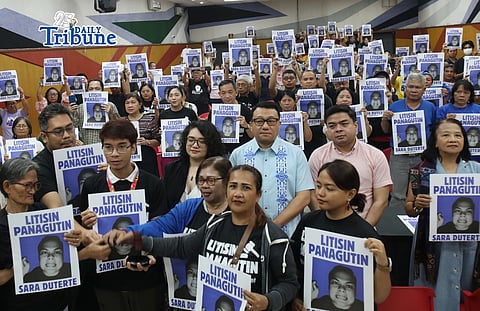 (June 13 2026) Various group, from civil society organizations, advocates, faith-based groups, legal practitioners, academics, youth leaders, and democracy defenders hold a photo of Vice President Sara Duterte, during the launching of Bantay Impeachment, a citizen watch campaign aimed at promoting public vigilance, accountability, justice, and truth in relation to the ongoing impeachment proceedings against VP Sara, held at Claret School, Mahinhin St., UP Village, Diliman, Quezon City on Saturday June 13 2026. Photo/Analy Labor

