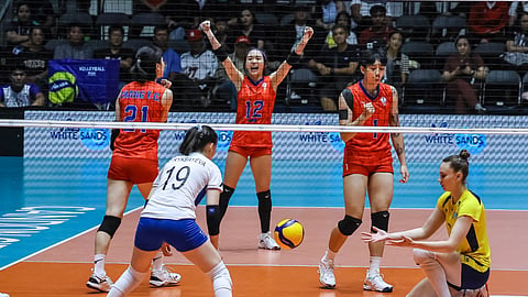 SETTER Yi-Jen Liao (No. 12), Yi-Chi Chang (No. 21) and Ciao-En Chen celebrate as Chinese Taipei defeats Kazakhstan in straight sets, 25-23, 25-16, 25-14, for a historic final appearance in the 2026 AVC Women’s Volleyball Cup.