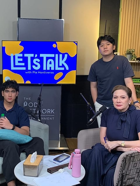 Pia Hontiveros with Ateneo Players Kieffer Alas, a 19-year-old freshman psychology student wearing jersey number 1, and Sam Reyes, a 21-year-old international studies student and jersey number 34.